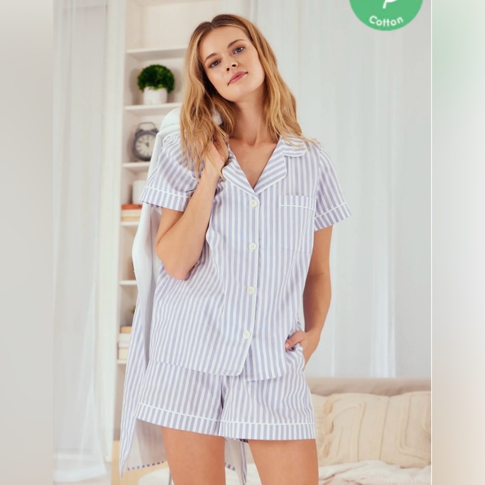 NWT BedHead Pajamas Striped Cotton Shorty Pajama Set. Blue and White.